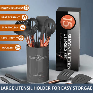 Silicone Cooking Utensil Set, Umite Chef 15pcs Silicone Cooking Kitchen Utensils Set, Non-stick - Best Kitchen Cookware with Stainless Steel Handle - Black