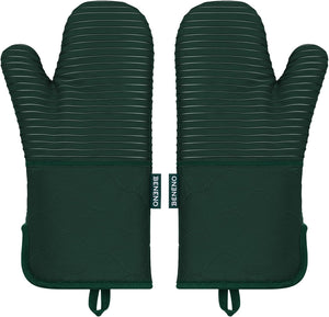 Beneno Non-Slip Silicone Textured Cotton Oven Mitts, Heat Resistant up to 500° F, Flexible Grip with 14.3"x7" Longer Protection, Durable 100% Cotton Oven Mitts for Kitchen & Barbecue, 2-Pack, Green