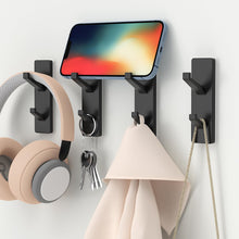 Load image into Gallery viewer, Self-Adhesive Wall Hooks - 4 Pack, Black Metal Coat &amp; Towel Hooks for Hanging: Hold 13 LB, Ideal for Bathrooms, Shower, Kitchen &amp; Doors