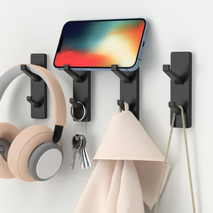 Self-Adhesive Wall Hooks - 4 Pack, Black Metal Coat & Towel Hooks for Hanging: Hold 13 LB, Ideal for Bathrooms, Shower, Kitchen & Doors