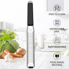 Load image into Gallery viewer, Lemon Zester Grater Three-piece Suit - Heavy Duty Kitchen Tool for Parmesan Cheese, Ginger, Garlic, Nutmeg, Chocolate, Vegetables，Fruits，Stainless Steel Grater Dishwasher Safe Black