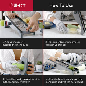 Mandoline Slicer for Kitchen – Stainless Steel Vegetable Cutter & Cheese Grater with Adjustable Blades, Safety Glove & Catch Tray Included (7-in-1, Silver)