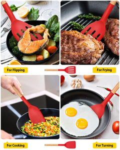 Pack of 2 Silicone Cooking Spatula, Heat Resistant Solid Turner, Non Stick Slotted Spatulas with Wooden Short Handle,Ideal Wood Kitchen Utensils Set for Frying, Baking, Flipping, Turning