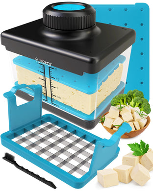 2-in-1 Tofu Press & Cutter, Dishwasher Safe, BPA-Free, Press Box for Extra Firm & Silken Tofu (Blue)