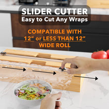Load image into Gallery viewer, SpaceAid WrapNeat 2 in 1 Wrap Organizer with Cutter and Labels, Plastic Wrap, Aluminum Foil and Wax Bamboo Dispenser for Kitchen Storage Organization Holder for 12&quot; Roll (Natural)