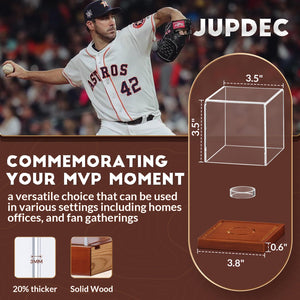 JupDec Baseball Display Case - Clear Cube Baseball Holder with Wooden Base, Autograph Stand Box for Single Ball, Acacia Wood, Brown, 1 Pack