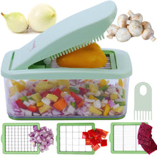 Load image into Gallery viewer, Brieftons QuickPush Food Chopper: Vegetable Dicer Slicer, Onion Cutter, 3 Extra-Large Blades with 200% More Cutting Area to Chop Dice Slice Vegetables, 2.6-Quart Container