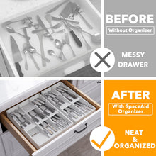 Load image into Gallery viewer, SpaceAid Bamboo Silverware Drawer Organizer with Labels, Kitchen Utensil Tray Holder Organizer for Flatware, Cutlery, Spoon and Knives Drawer Storage Organization (Natural, 6 Slots)