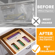 Load image into Gallery viewer, SpaceAid Bag Storage Organizer for Kitchen Drawer, Bamboo Organizer, Compatible with Gallon, Quart, Sandwich and Snack Variety Size Bag (1 Box 4 Slots)