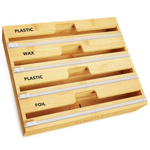 Load image into Gallery viewer, SpaceAid WrapNeat 3 in 1 Wrap Organizer with Cutter and Labels, Plastic Wrap, Aluminum Foil and Wax Bamboo Dispenser for Kitchen Storage Organization Holder for 12&quot; Roll (Natural)