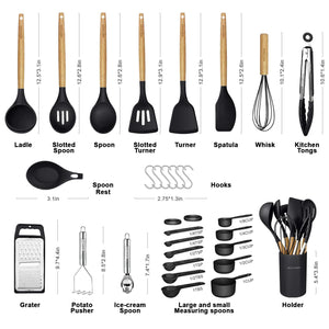 Kitchen Cooking Utensils Set,29 pcs Non-Stick Silicone Cooking Kitchen Utensils Set with Holder, Wooden Handle Silicone Kitchen Gadgets Utensil Set Spatula Turner Spoon Tongs Whisk (White)