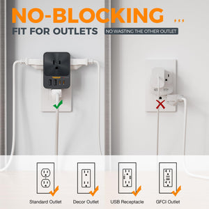 USB C Charger Block 20W PD, TESSAN 4 USB Wall Charger Fast Charging with 3 Outlet Extender Surge Protector, 3 Side Multi Port Adapter, Electric Multiple Outlet Plug for Home Office Dorm Room