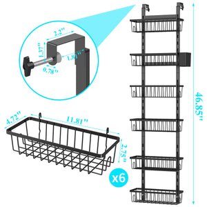 Over The Door Pantry Organizer, 7-Tier Metal Pantry Organization and Storage for Kitchen with Adjustable Shelves, Hanging Spice Seasoning Rack, Black