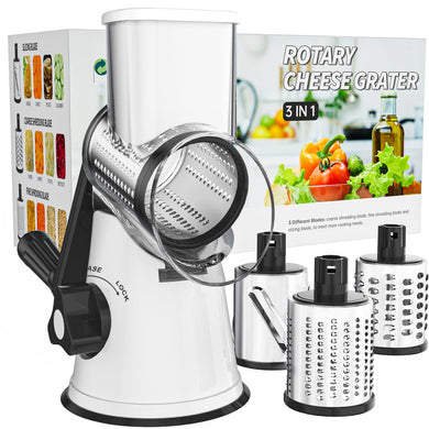 Rotary Cheese Grater Hand Crank Cheese Shredder for Fresh Cheese, Vegetable, Nuts,Non-slip Suction Base, Free Cleaning Brush Three Blades, Black