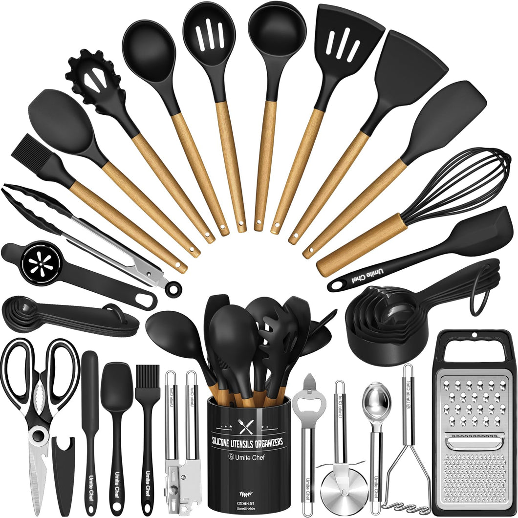 Umite Chef Silicone Kitchen Utensil Set, 34PCS Heat Resistant Kitchen Gadgets and Tools With Grater, Wood Handles for Nonstick Cookware
