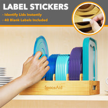 Load image into Gallery viewer, SpaceAid Bamboo Lid Organizer, Kitchen Pantry Lids Holder with 5 Adjustable Dividers for Cabinets, Food Storage Container Organizers, Natural