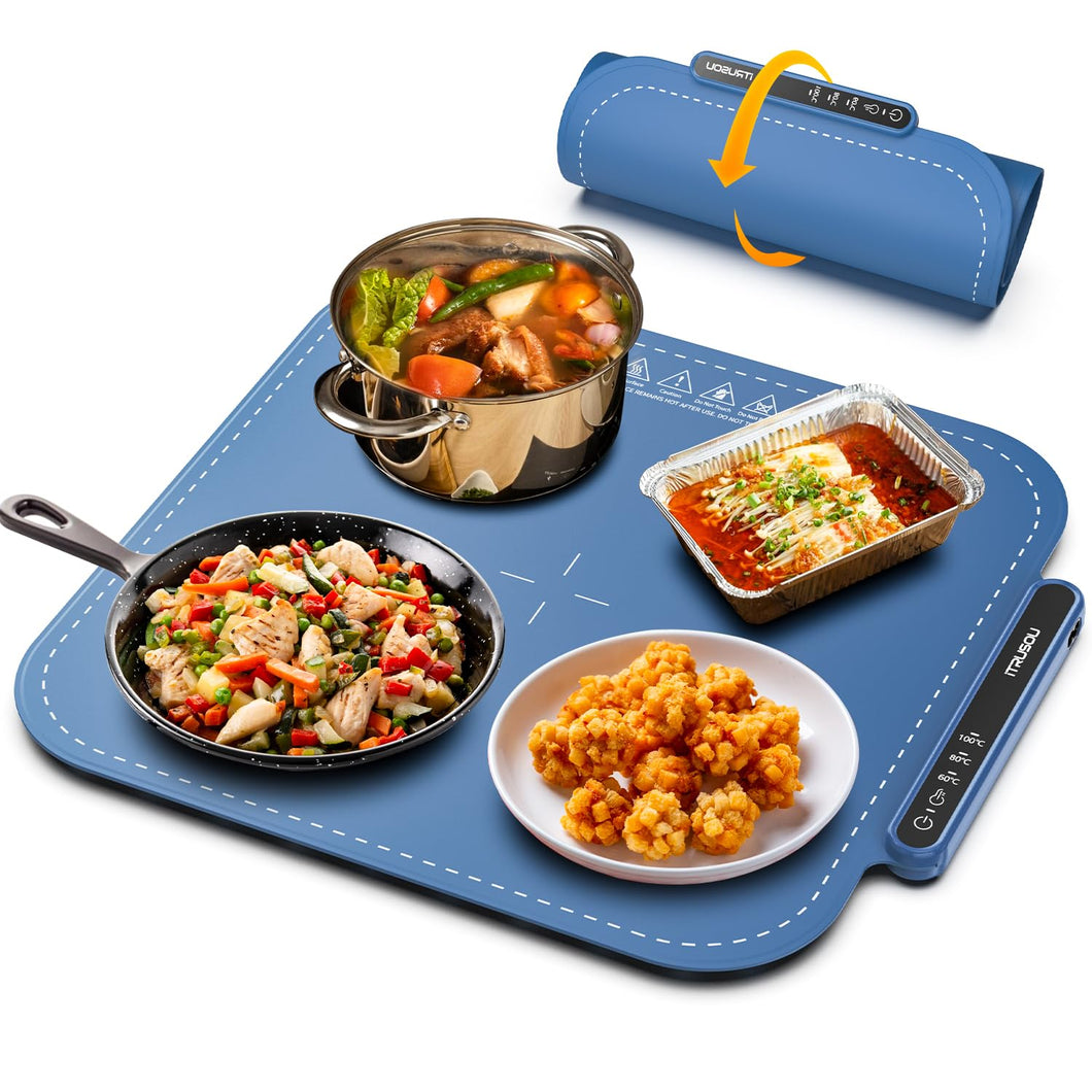 Electric Warming Tray - Full Surface Heating,Rollable & Portable,Premium Silicone Nano-Material,3 Temperature Settings,Auto Shut-Off -Versatile Food Warmer for Pizza, Meals, and More