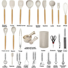 Load image into Gallery viewer, Kitchen Utensils Set- 35 PCs Cooking Utensils with Grater,Tongs, Spoon Spatula &amp;Turner Made of Heat Resistant Food Grade Silicone and Wooden Handles Kitchen Gadgets Tools Set for Nonstick Cookware
