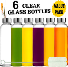 Load image into Gallery viewer, Brieftons Glass Water Bottles With Caps: Clear, 6 Pack, 18 Oz, Leakproof Lids, Premium Soda Lime, Best As Reusable Drinking Bottle, Sauce Jar, Juice Beverage Container, Kefir Kit, With Cleaning Brush