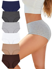 Load image into Gallery viewer, FINETOO Cotton Underwear for Women High Waisted Ribbed Full Coverage Briefs Soft Breathable Moisture Wicking Panties 6 Pack