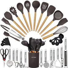 Load image into Gallery viewer, Kitchen Utensils Set- 35 PCs Cooking Utensils with Grater,Tongs, Spoon Spatula &amp;Turner Made of Heat Resistant Food Grade Silicone and Wooden Handles Kitchen Gadgets Tools Set for Nonstick Cookware
