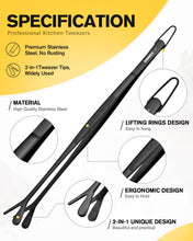 Load image into Gallery viewer, Fine Long Tweezers Tongs Professional Black, 10-Inch Stainless Steel for Kitchen, Food, Cooking, Repairing, Sea food and BBQ (SILVER)