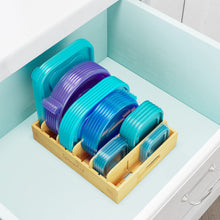 Load image into Gallery viewer, SpaceAid Bamboo Lid Organizer, Kitchen Pantry Lids Holder with 5 Adjustable Dividers for Cabinets, Food Storage Container Organizers, Natural