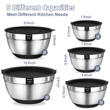 Load image into Gallery viewer, Umite Chef Mixing Bowls with Airtight Lids Set, 8PCS Stainless Steel Khaki Nesting Bowls with Grater Attachments, Kitchen Bowls with Non-Slip Bottoms, Size 5, 4, 3.5, 2, 1.5QT for Mixing &amp; Serving
