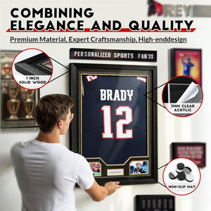 JupDec Jersey Frame & Championship Ring Display Case, Large Clear Acrylic Shadow Box with UV Protection Wooden Showcase, , Idea Gift for Sports Fans