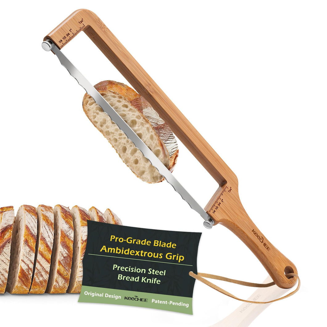 Adjustable Bread Slicer for Homemade Bread – Sourdough Bread Knife with Thickness Guide & Serrated Stainless Blade, Manual Bow Cutter for Bagels and Baguettes, Gift for Baker, Ambidextrous Use