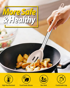 Pack of 2 Large Silicone Cooking Spoons,Non Stick Solid Basting Spoon,Heat-Resistant Kitchen Utensils for Mixing,Serving,Draining,Stirring (BLACK)