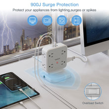 Load image into Gallery viewer, Surge Protector Flat Extension Cord Flat Plug Power Strip, 8 AC Outlets, 3 USB Charger(1 USB C Port) 3-Sided Outlet Extender, 5 Ft, 900 Joules Protection, Office Supplies, Dorm Room Essentials, Grey