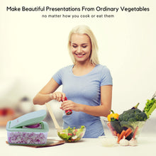 Load image into Gallery viewer, Brieftons QuickPush Food Chopper: Vegetable Dicer Slicer, Onion Cutter, 3 Extra-Large Blades with 200% More Cutting Area to Chop Dice Slice Vegetables, 2.6-Quart Container