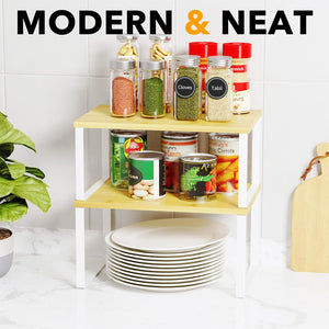 SpaceAid Cabinet Shelf Organizers 2 Pack, Kitchen Counter Rack Shelves Riser, Stackable Expandable Spice Rack, Pantry Cupboard Storage Organization (Black and Natural, Short)
