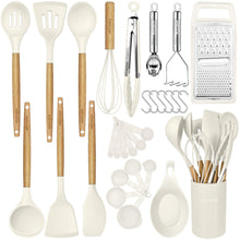 Load image into Gallery viewer, Kitchen Cooking Utensils Set,29 pcs Non-Stick Silicone Cooking Kitchen Utensils Set with Holder, Wooden Handle Silicone Kitchen Gadgets Utensil Set Spatula Turner Spoon Tongs Whisk (White)