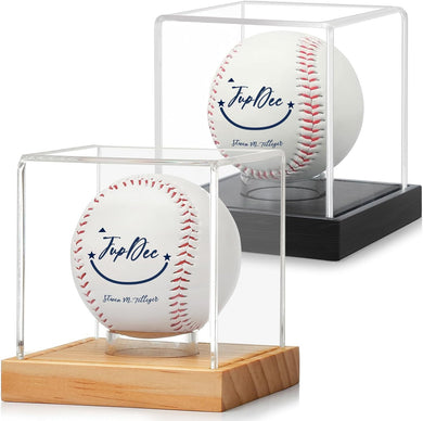 JupDec Baseball Display Case, Clear Cube Baseball Holder with Wooden Base, Autograph Baseball Stand Box for Single Ball, Yellow & Black