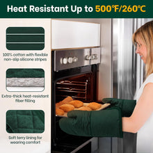 Load image into Gallery viewer, Beneno Non-Slip Silicone Textured Cotton Oven Mitts, Heat Resistant up to 500° F, Flexible Grip with 14.3&quot;x7&quot; Longer Protection, Durable 100% Cotton Oven Mitts for Kitchen &amp; Barbecue, 2-Pack, Green