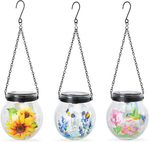 WONDER GARDEN Solar Lanterns Outdoor Waterproof, 3 Pack Hanging Solar Lights Decorative, Sunflower Hummingbird Bee Glass Garden Lantern Light for Yard Outside Patio Outside Decor Gift, White Light