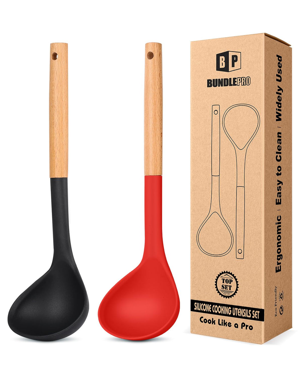 Pack of 2 Soup Ladle, Silicone Ladle Spoon with Wooden Handle, Large Non Stick High Heat Resistant Kitchen Utensils for Cooking, Stirring, Serving Soups(GRAY-BLUE)