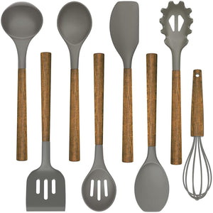 Silicone Cooking Utensil Set, Umite Chef 8-Piece Kitchen Utensils Set with Natural Acacia Wooden Handles,Food-Grade-Silicone Kitchen Gadgets Spatulas Set for Nonstick Cookware- Black