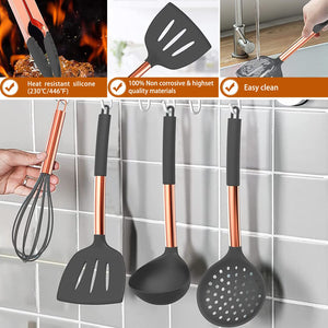 Silicone Cooking Utensil Set, Umite Chef 15pcs Silicone Cooking Kitchen Utensils Set, Non-stick - Best Kitchen Cookware with Stainless Steel Handle - Black