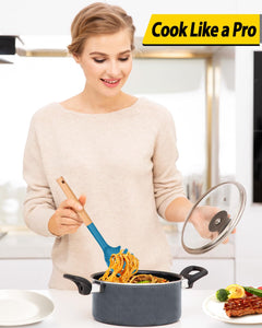 Pack of 2 Spaghetti Spoon, Silicone Pasta Fork with Wooden Handle, Heat Resistant Noodle Spoon Server, BPA Free Spaghetti Strainer(BLACK-RED)
