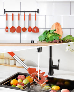 Silicone Cooking Utensil Set, 8Pcs Non-stick Cookware with Stainless Steel Handle, BPA Free Heat Resistant Kitchen Tools with Spatulas, Turners, Spoons, Skimmer and Pasta Fork