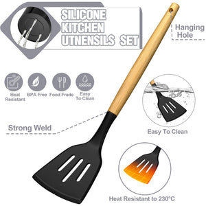 Umite Chef Silicone Kitchen Utensil Set, 34PCS Heat Resistant Kitchen Gadgets and Tools With Grater, Wood Handles for Nonstick Cookware