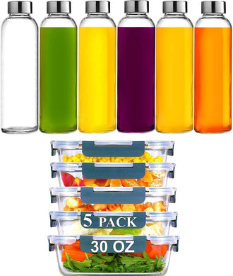 Brieftons Glass Water Bottles (Pack of 6) & Borosilicate Glass Containers (Pack of 5)