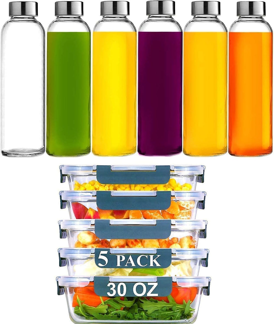 Brieftons Glass Water Bottles (Pack of 6) & Borosilicate Glass Containers (Pack of 5)