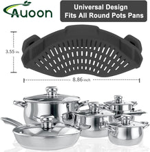 Load image into Gallery viewer, AUOON Clip On Pot Strainer and Pasta strainer and Silicone Utensil Rest,Pot lid holder with Drip Pad for Multiple Utensils,Dishwasher Safe,Heat ResistanSpoon,Rest for Stove Top,Kitchen Utensil Holder