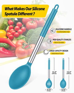 Pack of 2 Large Silicone Cooking Spoons,Non Stick Solid Basting Spoon,Heat-Resistant Kitchen Utensils for Mixing,Serving,Draining,Stirring (BLACK)