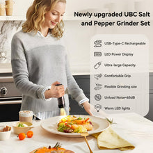 Load image into Gallery viewer, Electric Salt and Pepper Grinder Set with LED Power Display, 5-Level Grind Adjustment Easy Filling, Rechargeable Pepper Salt Mill Shakers Set Automatic with Storage Base, LED Light for Kitchen