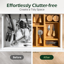 Load image into Gallery viewer, 5-Piece Bamboo Drawer Organizer Set, 2.2&quot; Deep | Multi-Use Organizers with Non-Slip Feet for Utensils, Silverware, Cutlery, Desk, Bathroom, Junk Drawer &amp; Makeup, Non-Slip Feet Included.
